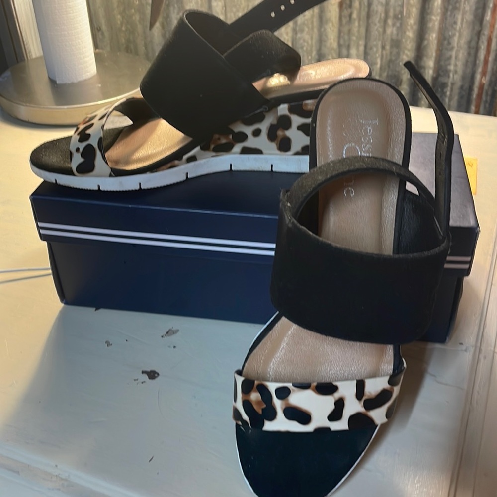 Jessica Cline open toe wedge sandal leopard print